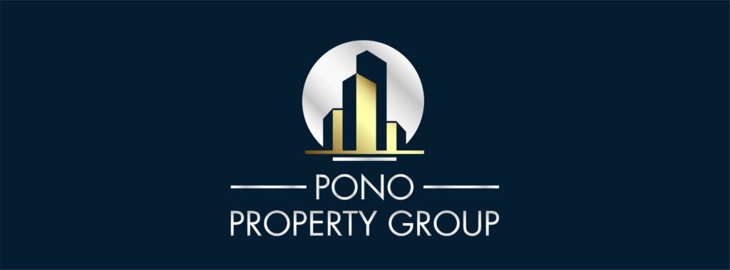 Pono Property Group Log with blue background and gold buildings grouped together